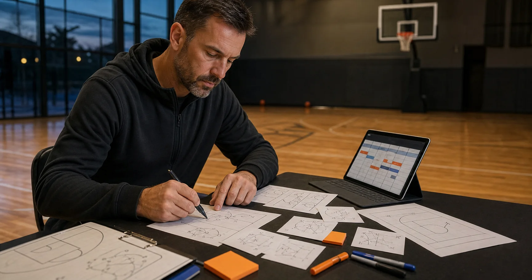 Basketball coach organizing drill sketches into a structured practice plan beside the court