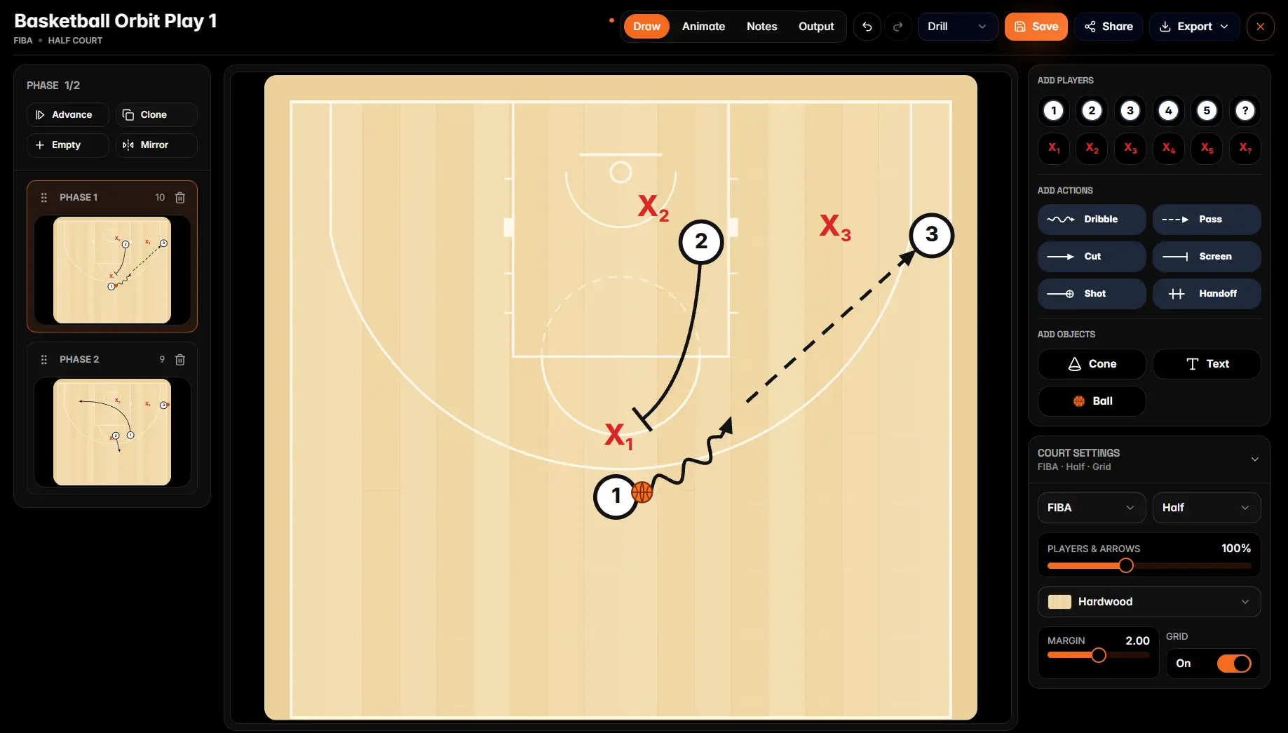 Basketball Orbit drill creator showing a two-phase basketball play on a digital court
