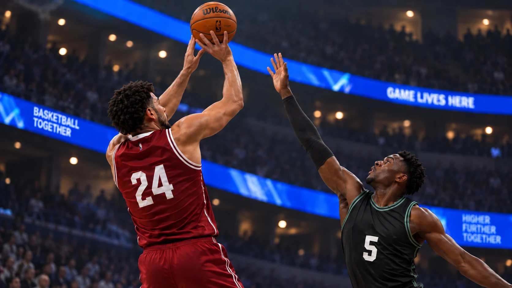 Basketball player rising into a contested jump shot during a game