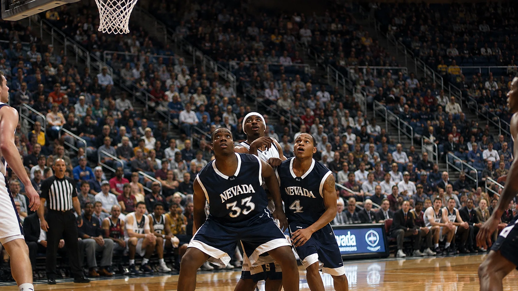 Basketball players making contact and fighting for rebounding position under the rim